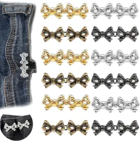 12 Sets Bowknot Pant Waist Tightener Reusable Waist Cincher Clip Detachable Alloy Bowknot Jeans Clip Buckles for Loose Jeans Clothing Dresses Skirts Tighten Waist No Sewing Decoration Accessories
