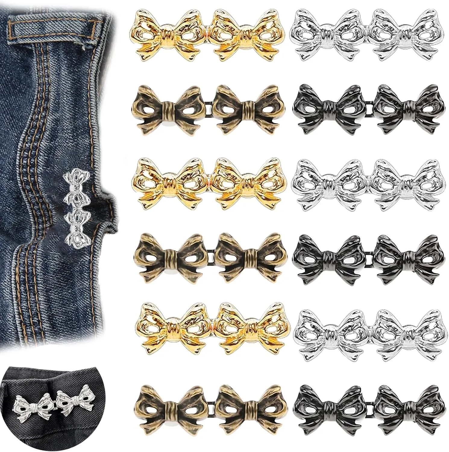 12 Sets Bowknot Pant Waist Tightener Reusable Waist Cincher Clip Detachable Alloy Bowknot Jeans Clip Buckles for Loose Jeans Clothing Dresses Skirts Tighten Waist No Sewing Decoration Accessories