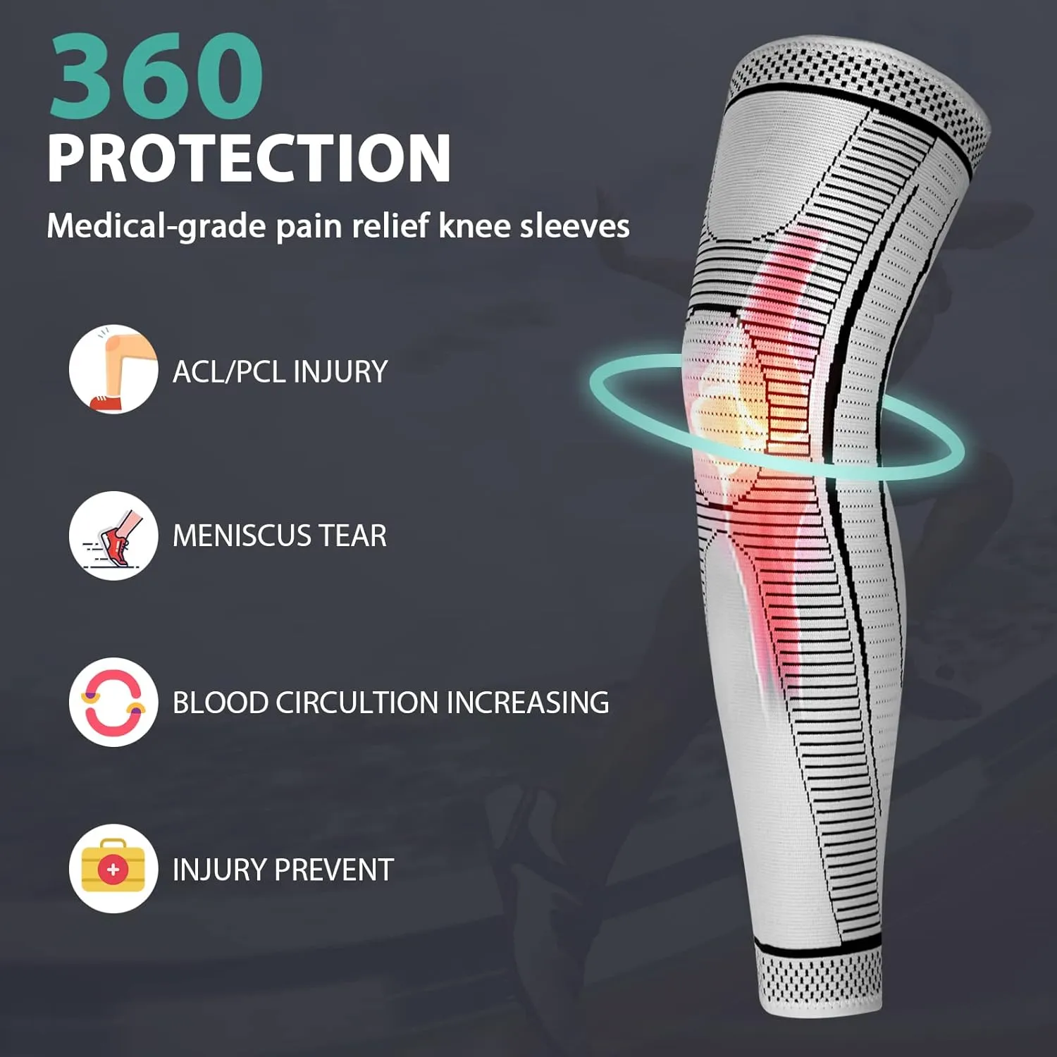 2 Pack Full Leg Compression Sleeves, Long Knee Brace Support for ACL,PCL, Meniscus Tear, Arthritis, Tendinitis