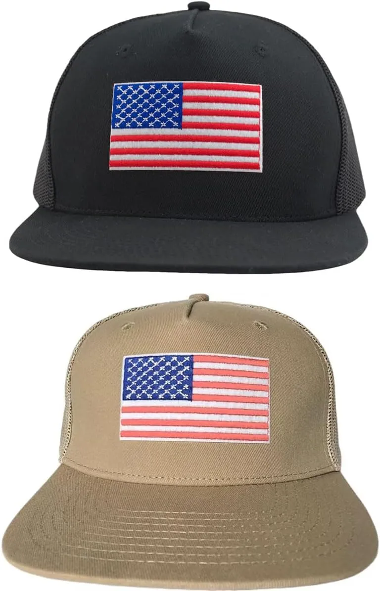 2 Pack XL Plus Size American Flag Trucker Hat Men's USA Patriotic Ball Cap,5 Panels, Flat BrimSnapback, Mesh-Back