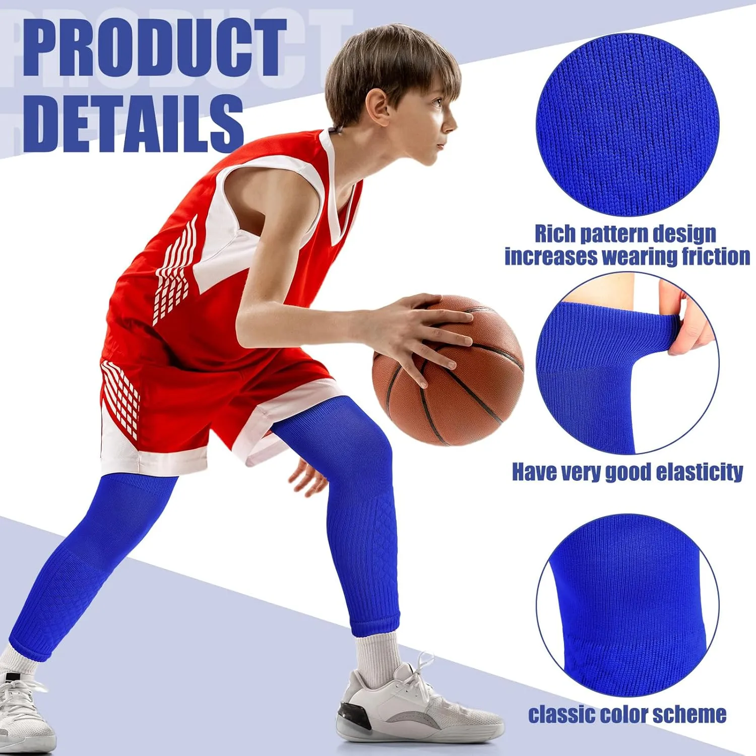 2 Pairs Full Length Leg Sleeves for boy Men and Women Protection Knee Compression Sports Running Basketbal(Medium,Blue)