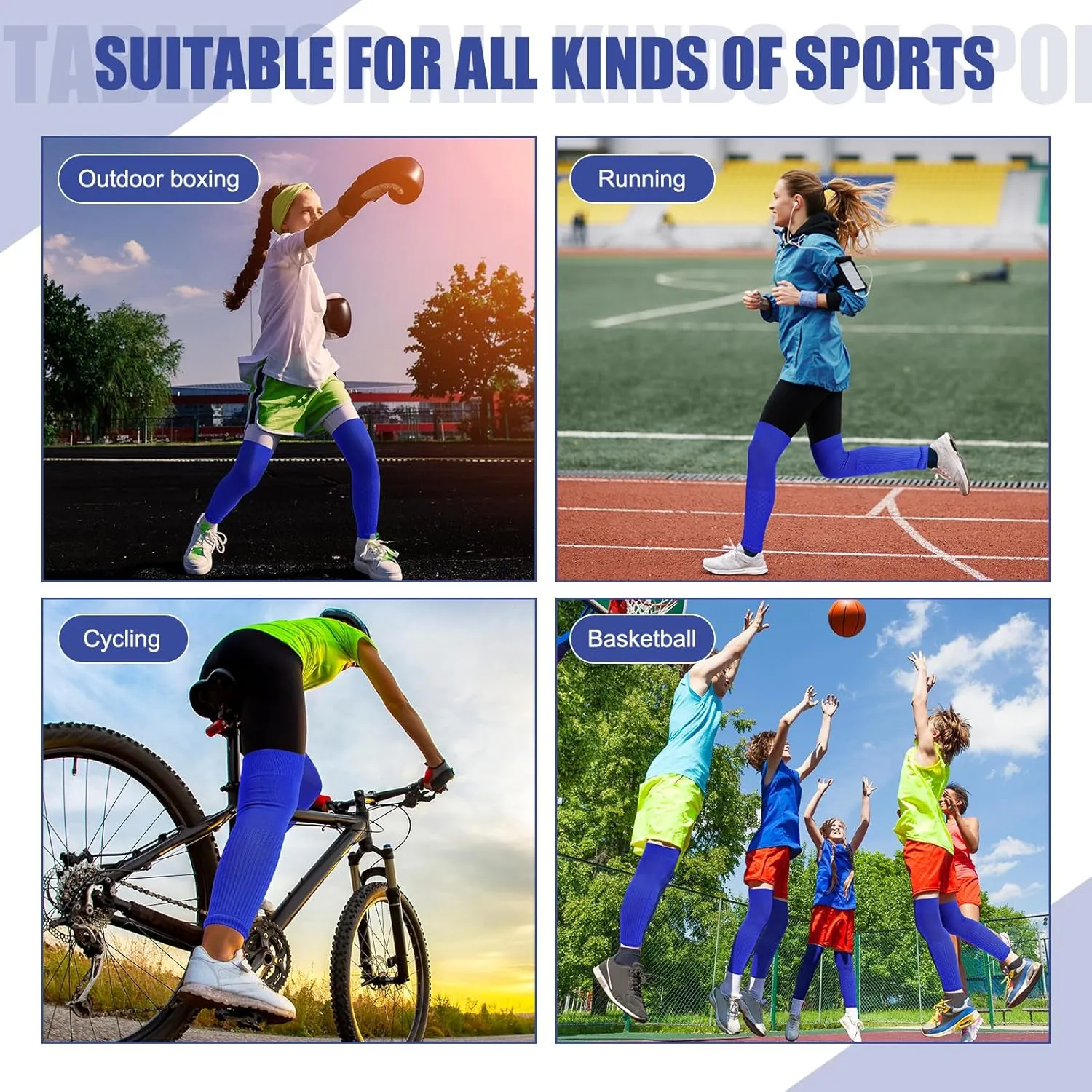 2 Pairs Full Length Leg Sleeves for boy Men and Women Protection Knee Compression Sports Running Basketbal(Medium,Blue)