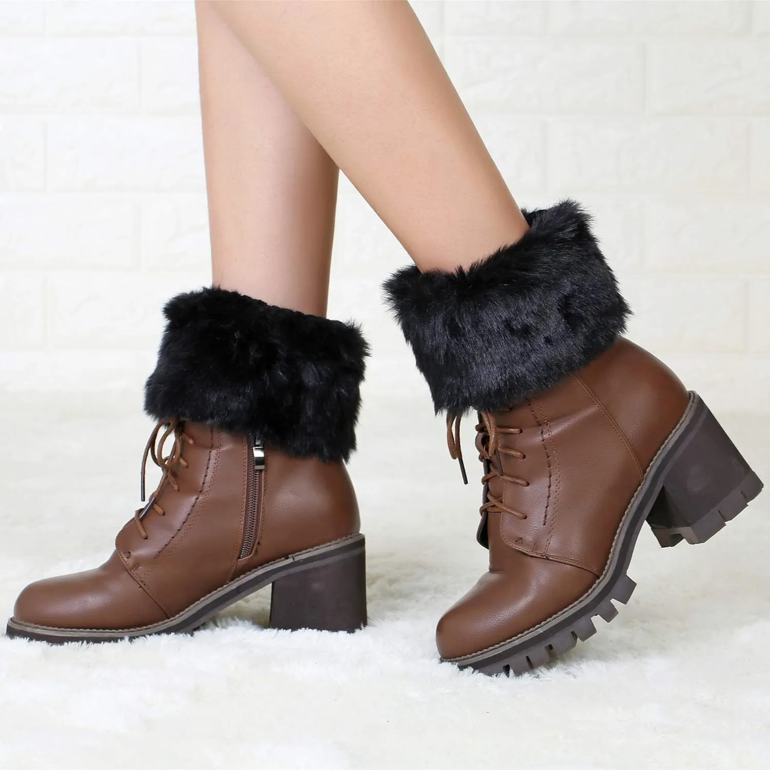 2 Pairs Women Faux Fur Trim Boot Cuff Socks Winter Knitted Furry Top Cover Leg Warmers
