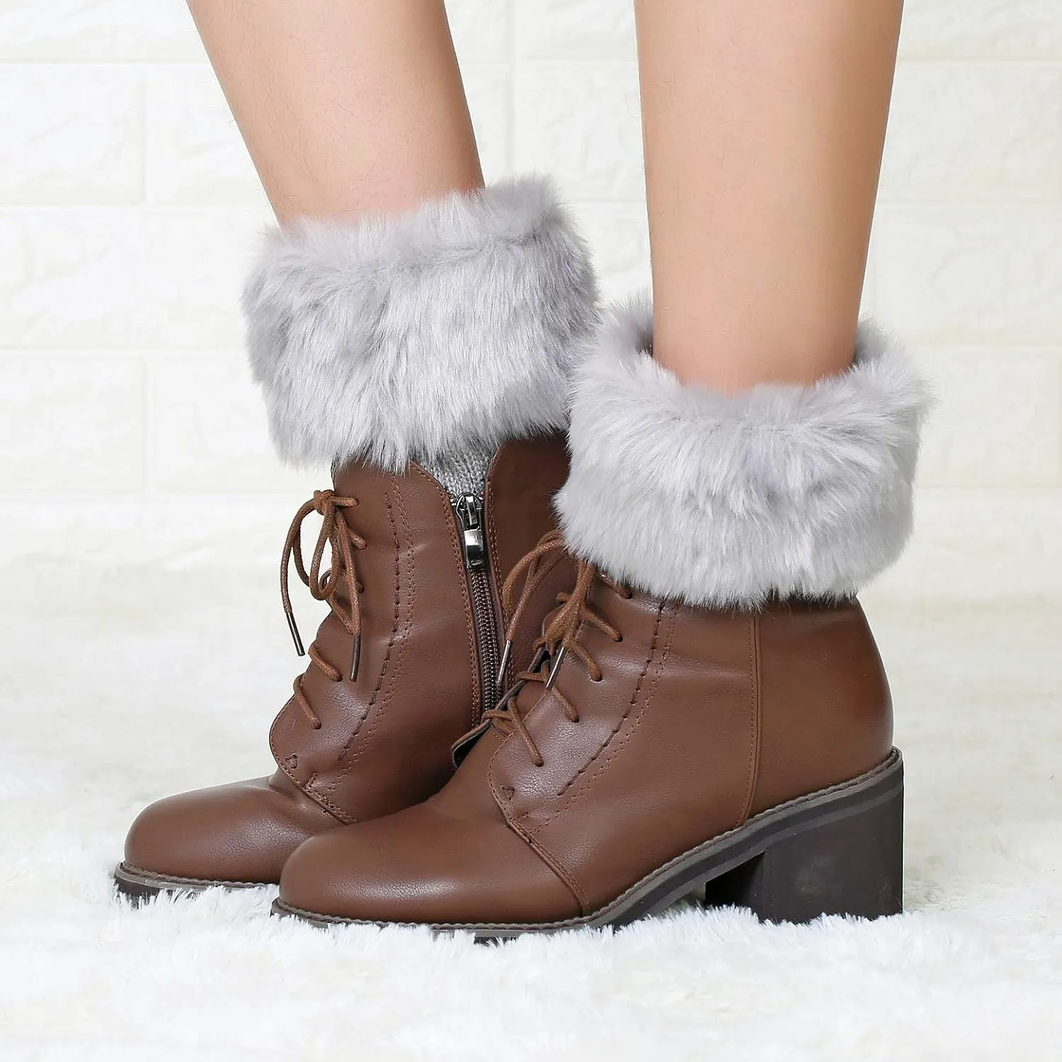 2 Pairs Women Faux Fur Trim Boot Cuff Socks Winter Knitted Furry Top Cover Leg Warmers