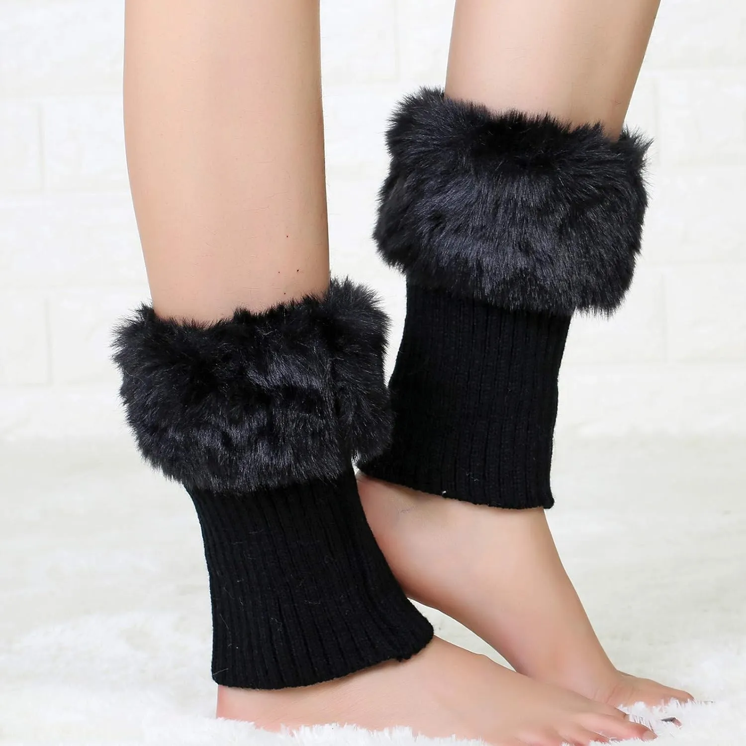 2 Pairs Women Faux Fur Trim Boot Cuff Socks Winter Knitted Furry Top Cover Leg Warmers