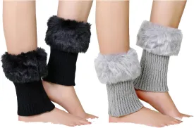 2 Pairs Women Faux Fur Trim Boot Cuff Socks Winter Knitted Furry Top Cover Leg Warmers