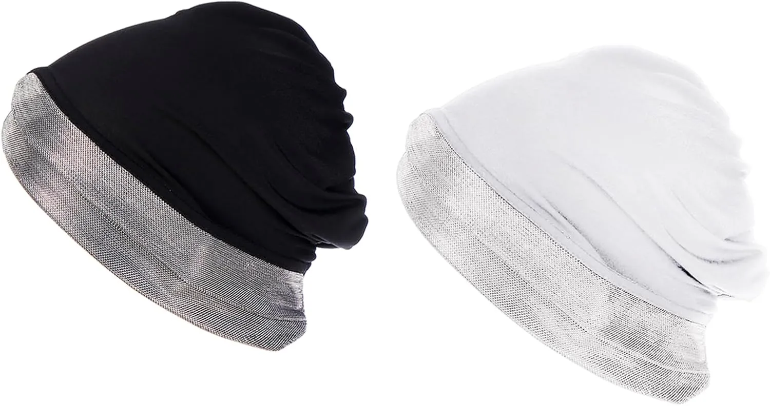 2 Pcs Womens Muslim Under Scarf Hijab Cap Stretch Sleep Hair Turban Head Wraps Bonnet Chemo Cap Beanie Hat Headwear
