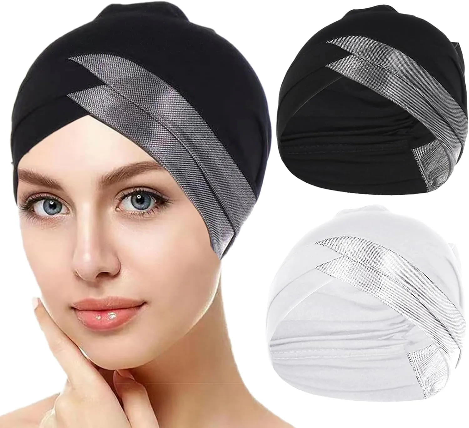 2 Pcs Womens Muslim Under Scarf Hijab Cap Stretch Sleep Hair Turban Head Wraps Bonnet Chemo Cap Beanie Hat Headwear