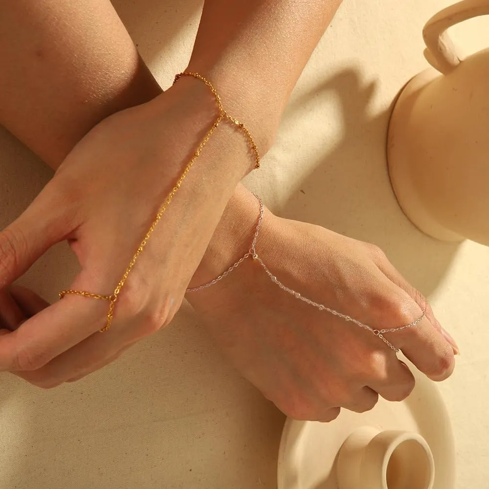2PCS Dainty Ring Bracelet Hand Chain Gold Silver Finger Bracelet Hand Bracelet with Finger Ring Wedding