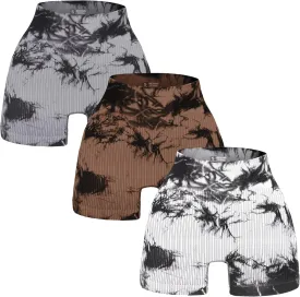 3 Piece Tie Dye Ribbed Workout Shorts for Women Seamless Gym Athletic Yoga High Waist Shorts