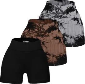3 Piece Tie Dye Ribbed Workout Shorts for Women Seamless Gym Athletic Yoga High Waist Shorts