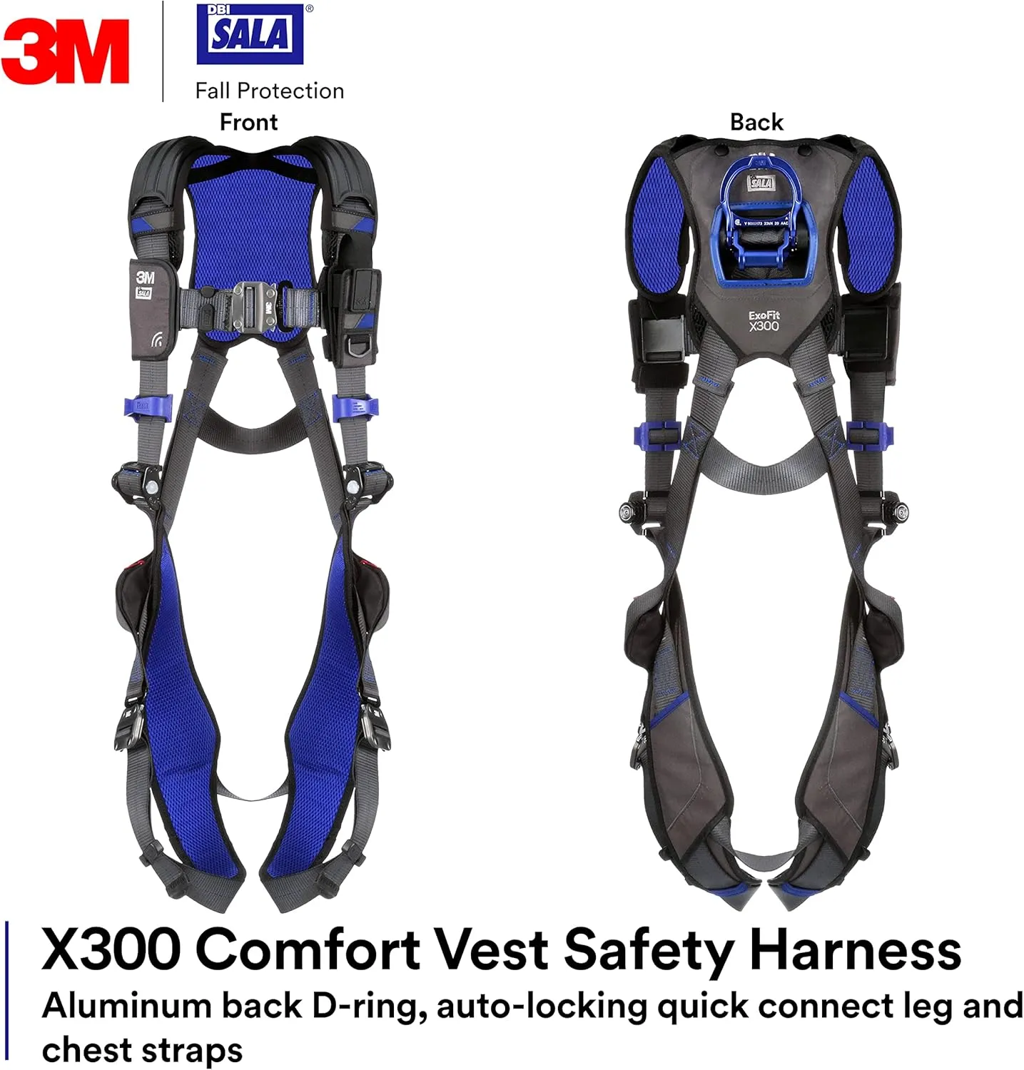 3M 1113004 DBI-SALA ExoFit X300 Comfort Vest Safety Harness Fall Protection, OSHA, ANSI, General Industry, Aluminum Back D-Ring, Auto-Locking Quick Connect Leg and Chest Straps, Medium