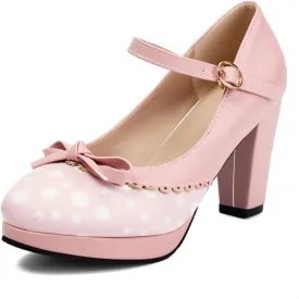 Aflngle Women's Bow Platform Mary Jane Pumps Fashion Patchwork Round Toe Closed Chunky High Heels Ankle Strap Buckle Wedding Party Prom Dating Dress Shoes