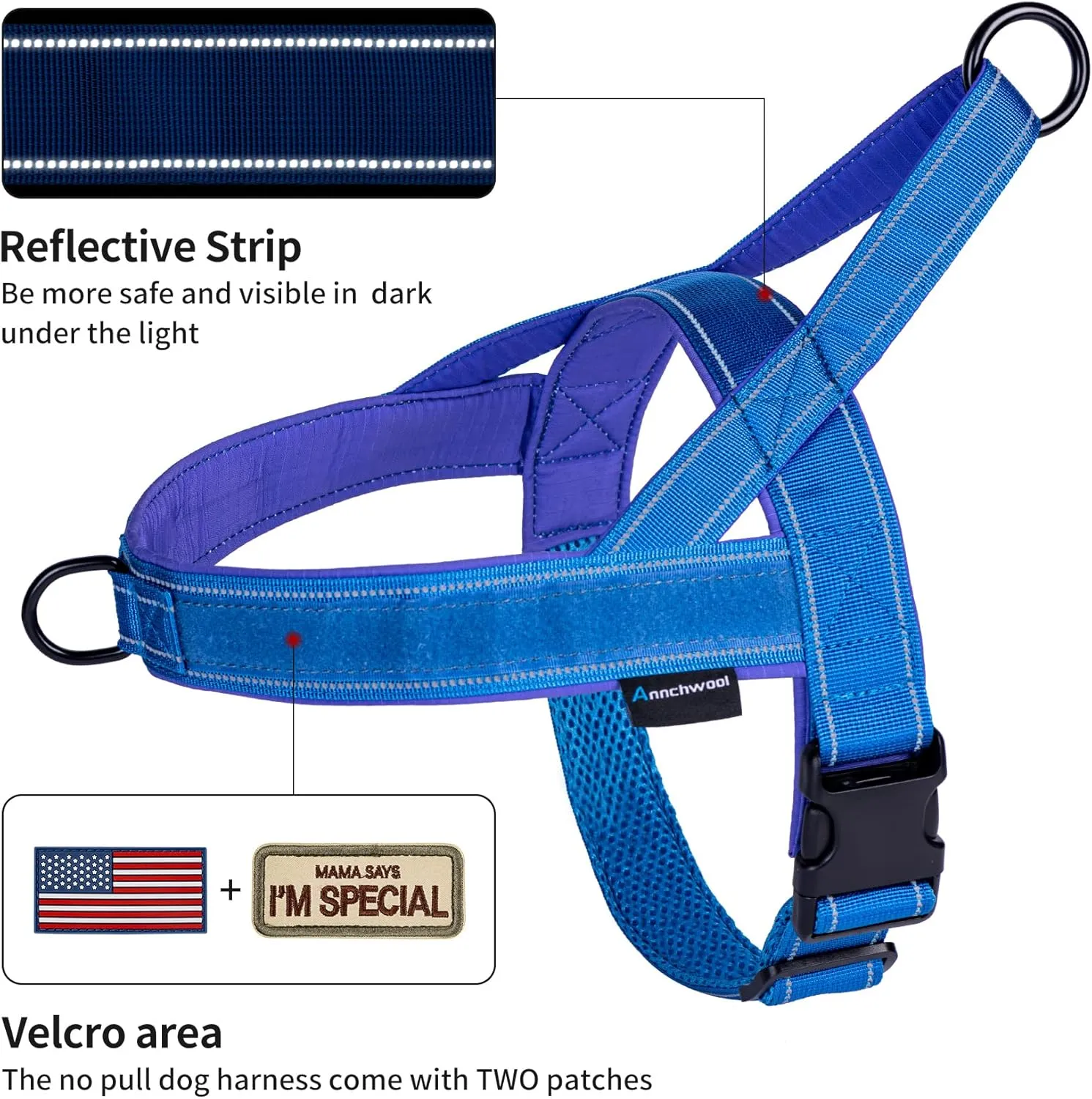 Annchwool No Pull Dog Harness with Soft Padded Handle,Reflective Strip Escape Proof and Quick Fit to Adjust Dog Harness,Easy for Training Walking for Small & Medium and Large Dogs(Blue,S)