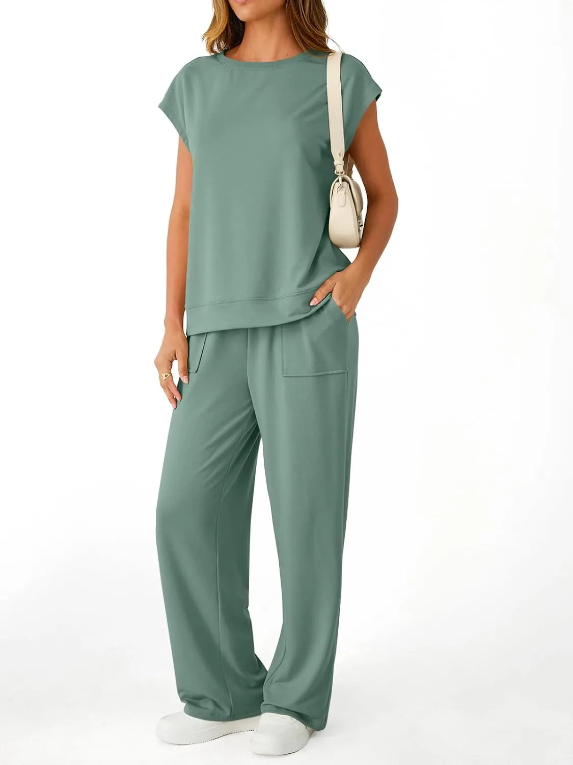 AUTOMET Women's 2 Piece Lounge Set Casual Cap Sleeve Top Wide Leg Pants Summer Vacation Outfits