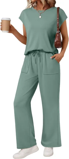 AUTOMET Women's 2 Piece Lounge Set Casual Cap Sleeve Top Wide Leg Pants Summer Vacation Outfits