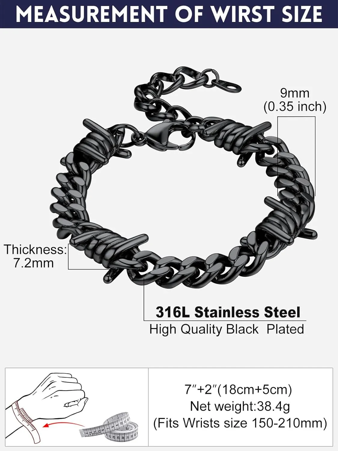 Bandmax Cuban Link Chain Bracelet for Men Women, Silver/Gold/Black Hip Hop Punk Biker Hand Chain Bracelets 7"-9" Mens Chunky Chain Jewelry