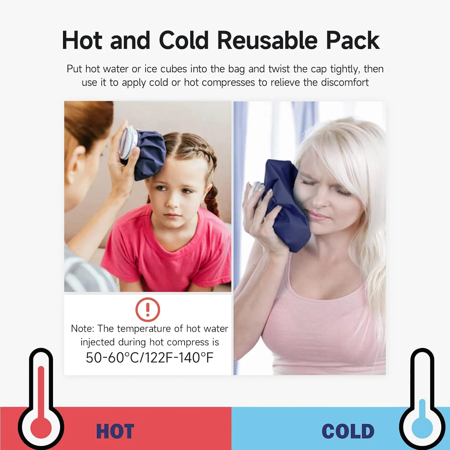 BICAREE Ice Cold Pack Reusable Ice Bags Hot Water Bag for Hot & Cold Therapy and Pain Relief with Cover, No-Leak Elastic Breathable Ice Bag, Size 6"