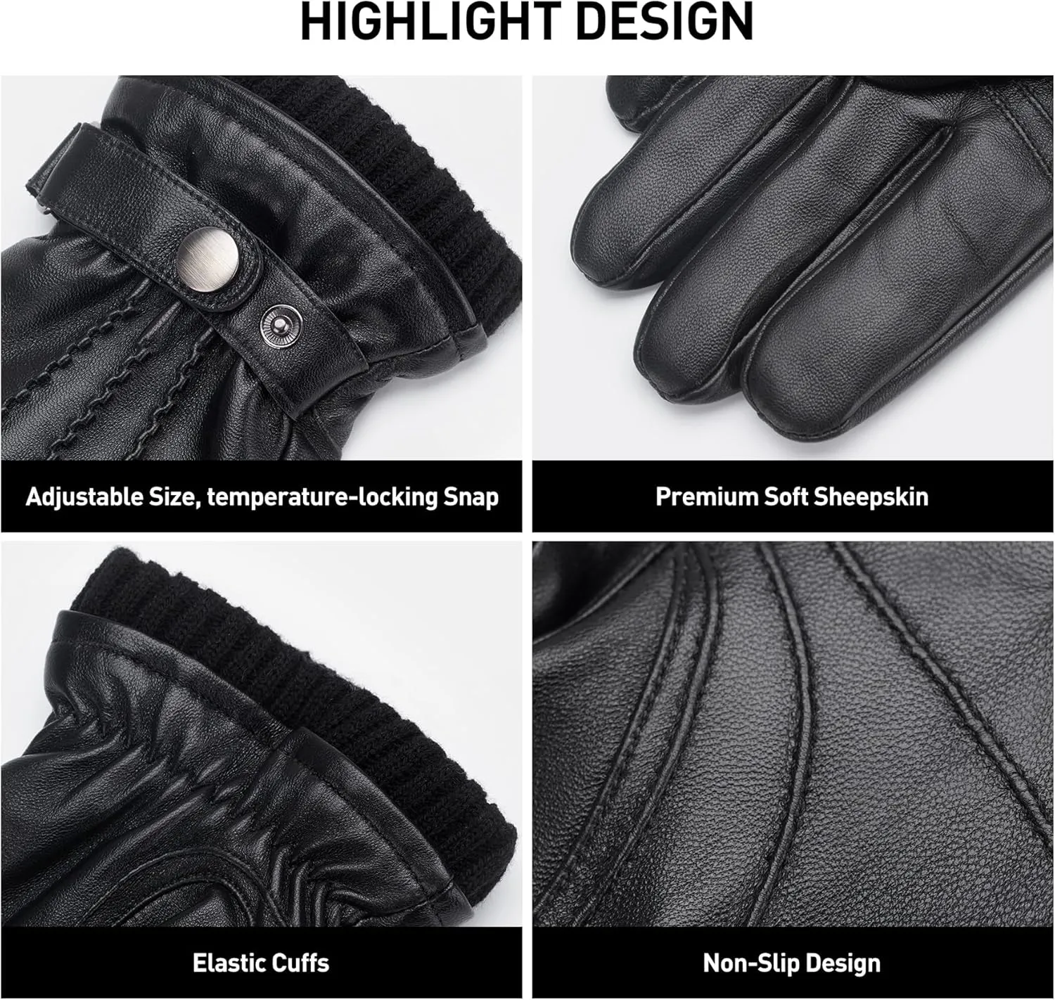 BISON DENIM Sheepskin Leather Gloves for Men, Winter Warm Touchscreen Gloves with Cashmere Lining, Driving Motorcycle Gloves