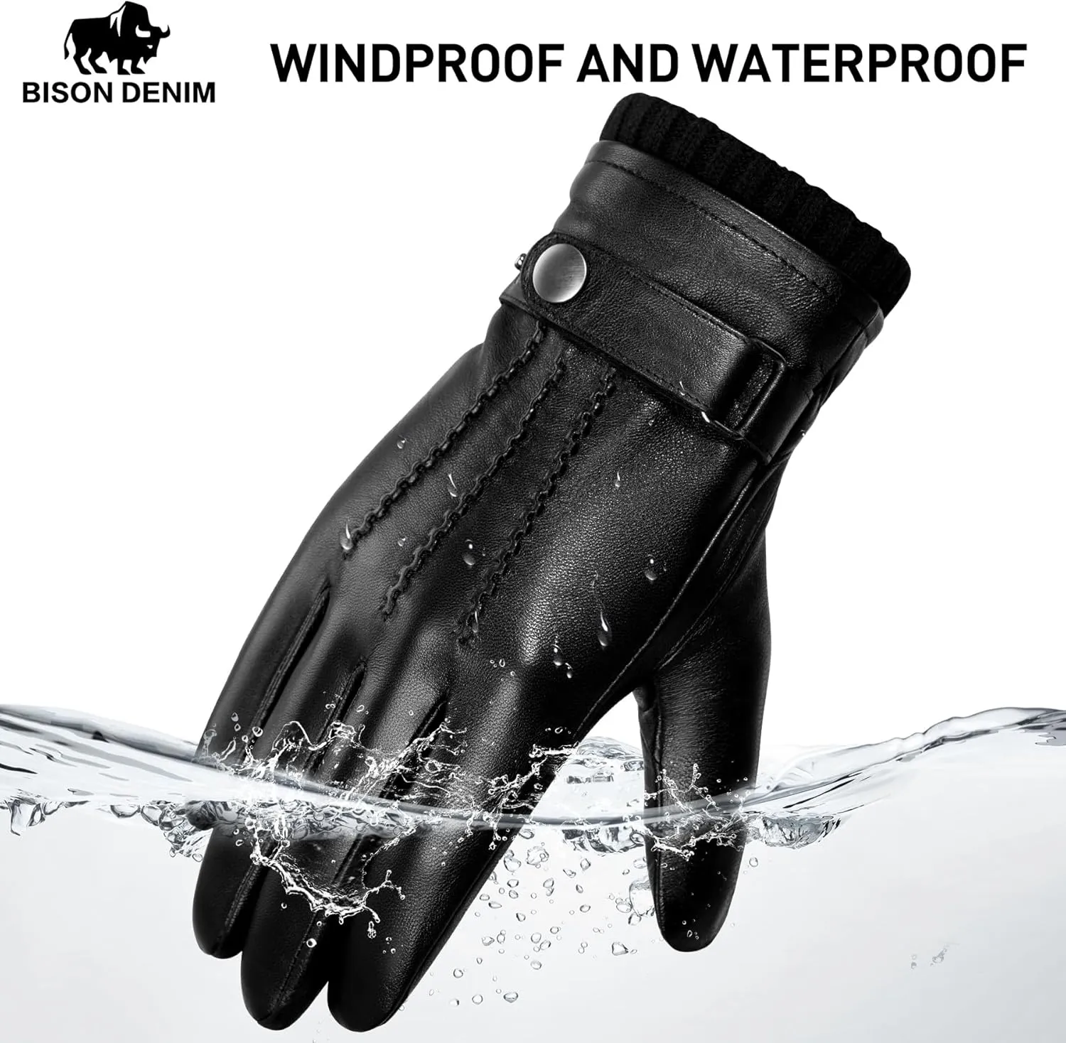 BISON DENIM Sheepskin Leather Gloves for Men, Winter Warm Touchscreen Gloves with Cashmere Lining, Driving Motorcycle Gloves