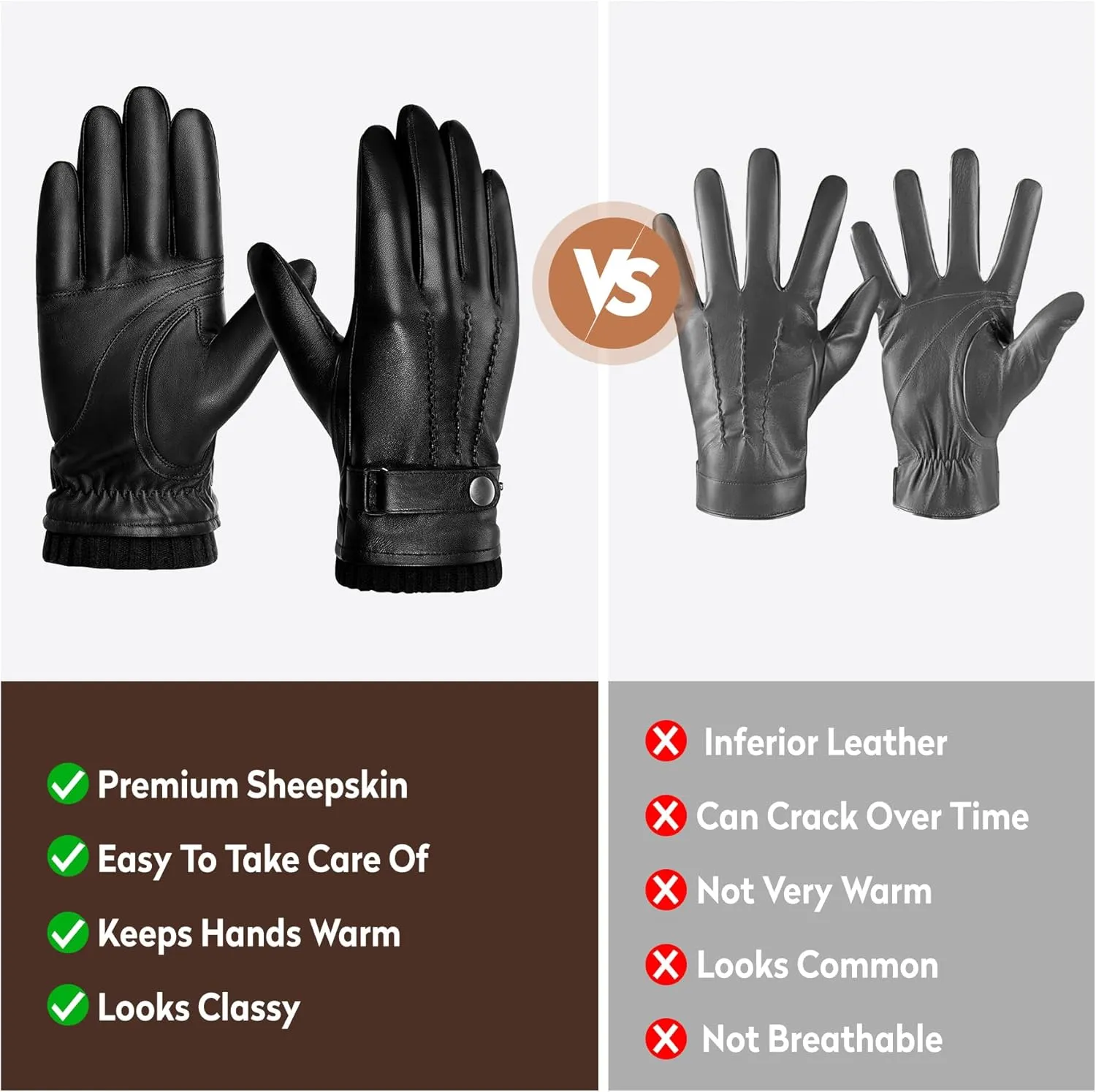 BISON DENIM Sheepskin Leather Gloves for Men, Winter Warm Touchscreen Gloves with Cashmere Lining, Driving Motorcycle Gloves