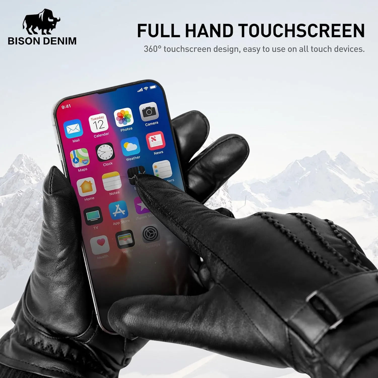 BISON DENIM Sheepskin Leather Gloves for Men, Winter Warm Touchscreen Gloves with Cashmere Lining, Driving Motorcycle Gloves
