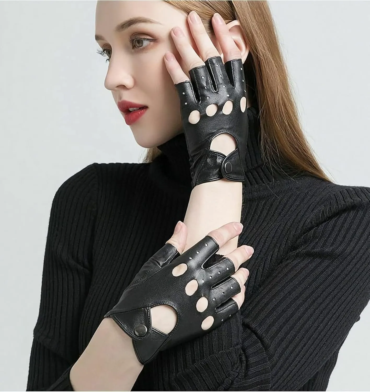 Black Fingerless Gloves PU Faux Leather Goth Cosplay Costume Punk Halloween Performance for Women