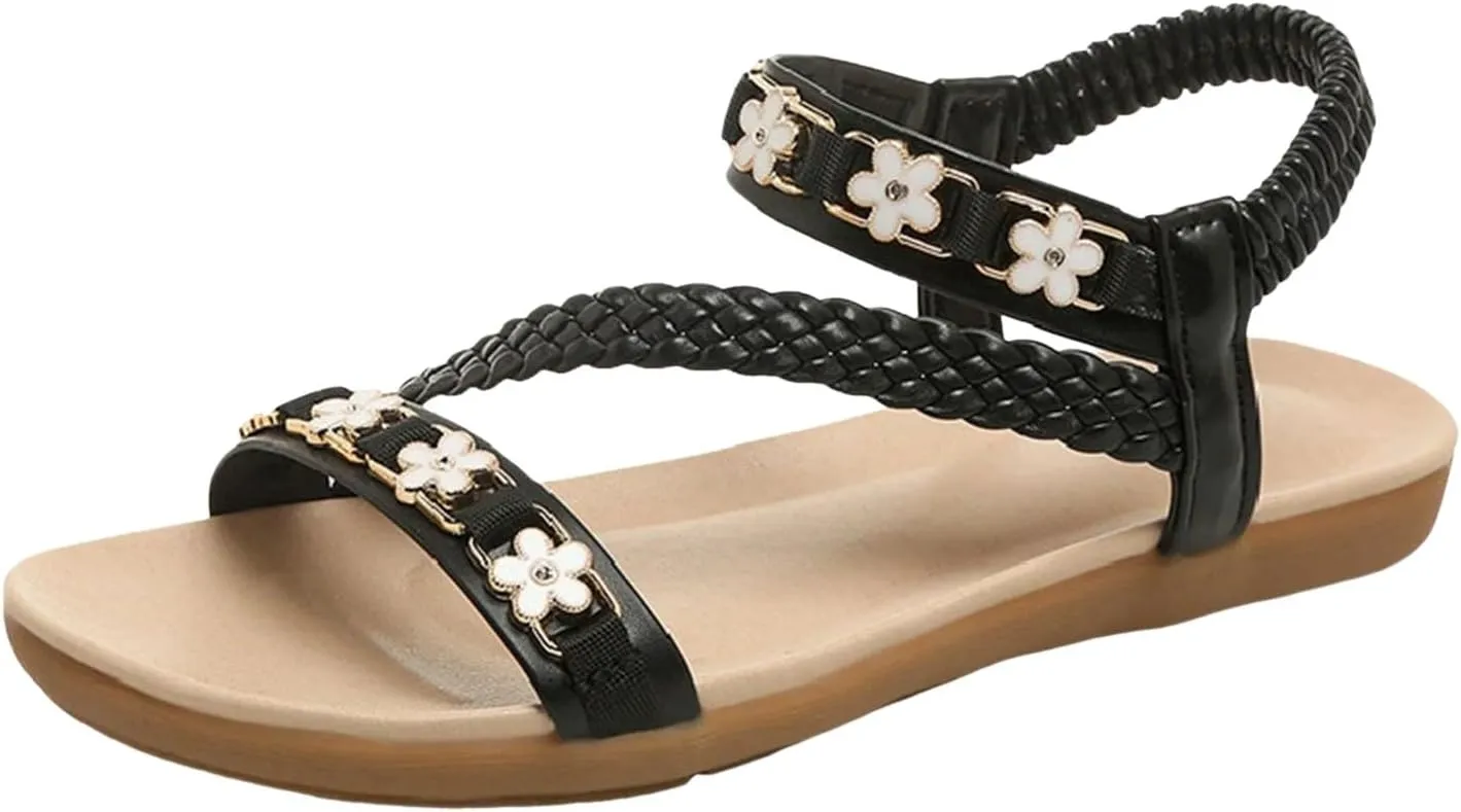 Bohemian Flat Sandals for Women with Arch Support Comfort Summer Walking Sandals with Elastic Ankle Strap Memory Foam Vacation Sandal for Women Party Dating Daily Work Non Slip&Lightweight