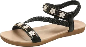 Bohemian Flat Sandals for Women with Arch Support Comfort Summer Walking Sandals with Elastic Ankle Strap Memory Foam Vacation Sandal for Women Party Dating Daily Work Non Slip&Lightweight