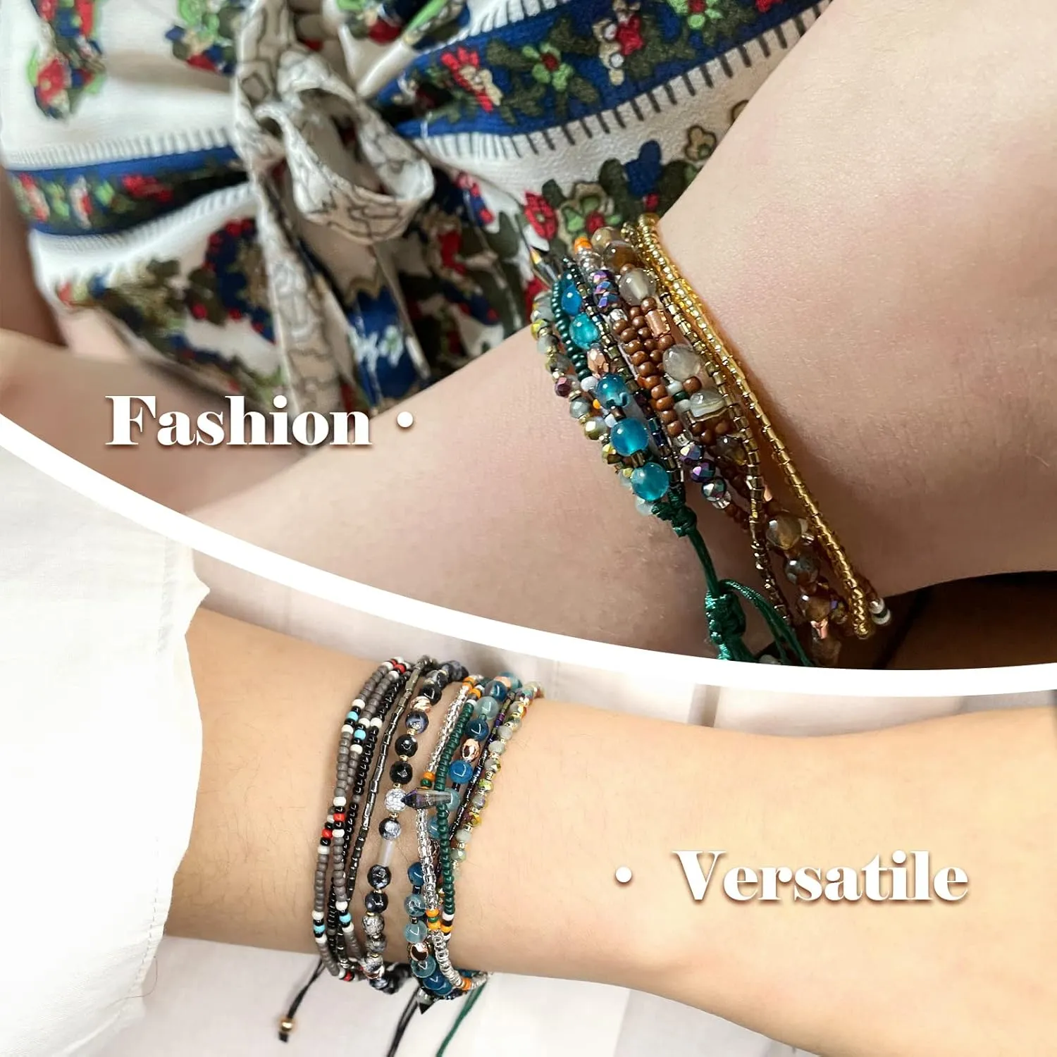 Boho Bracelets Anklets for Women Beaded - Adjustable Bohemian Anklets for Woman Handmade Beaded,2Pcs Braided Beach Bracelet Anklets