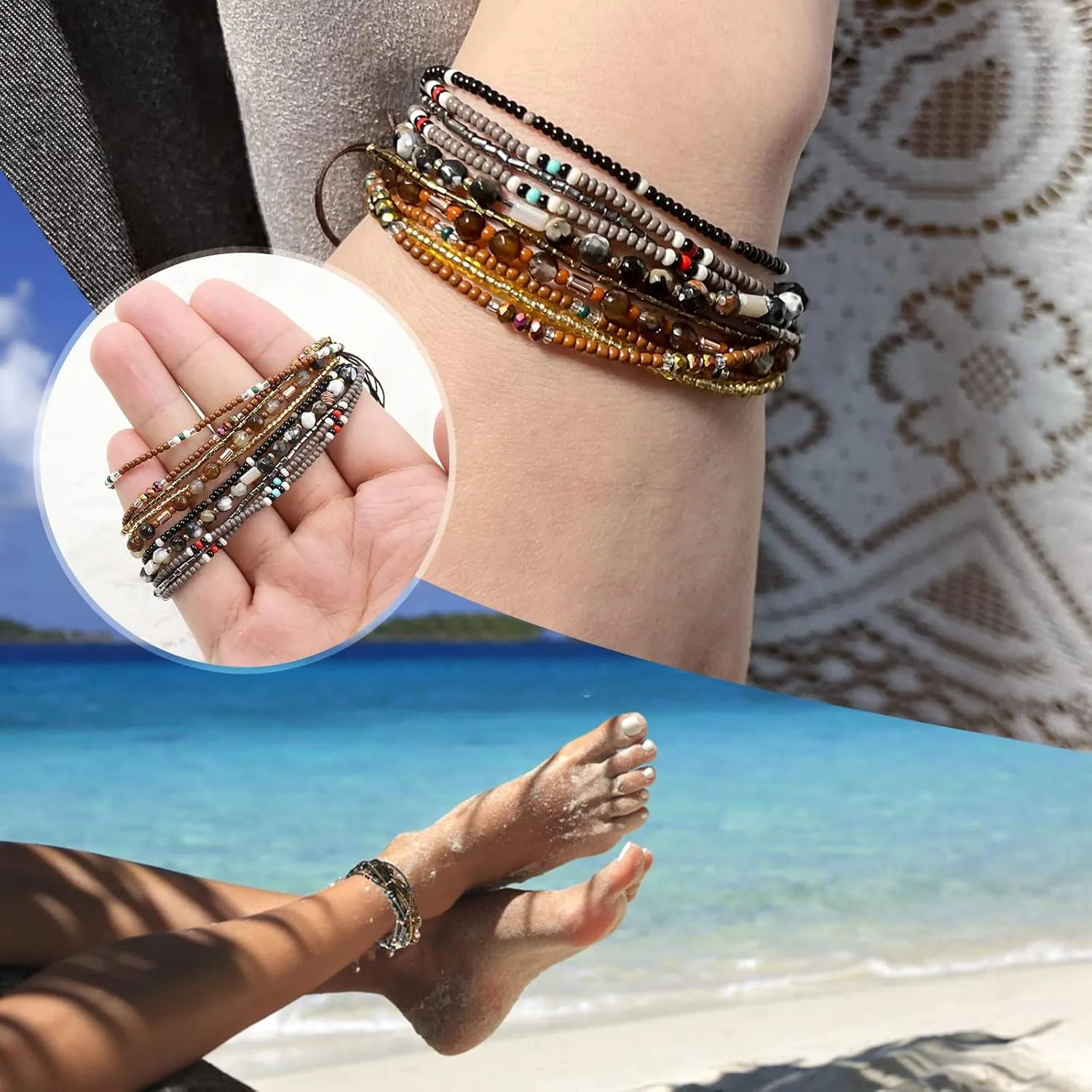 Boho Bracelets Anklets for Women Beaded - Adjustable Bohemian Anklets for Woman Handmade Beaded,2Pcs Braided Beach Bracelet Anklets