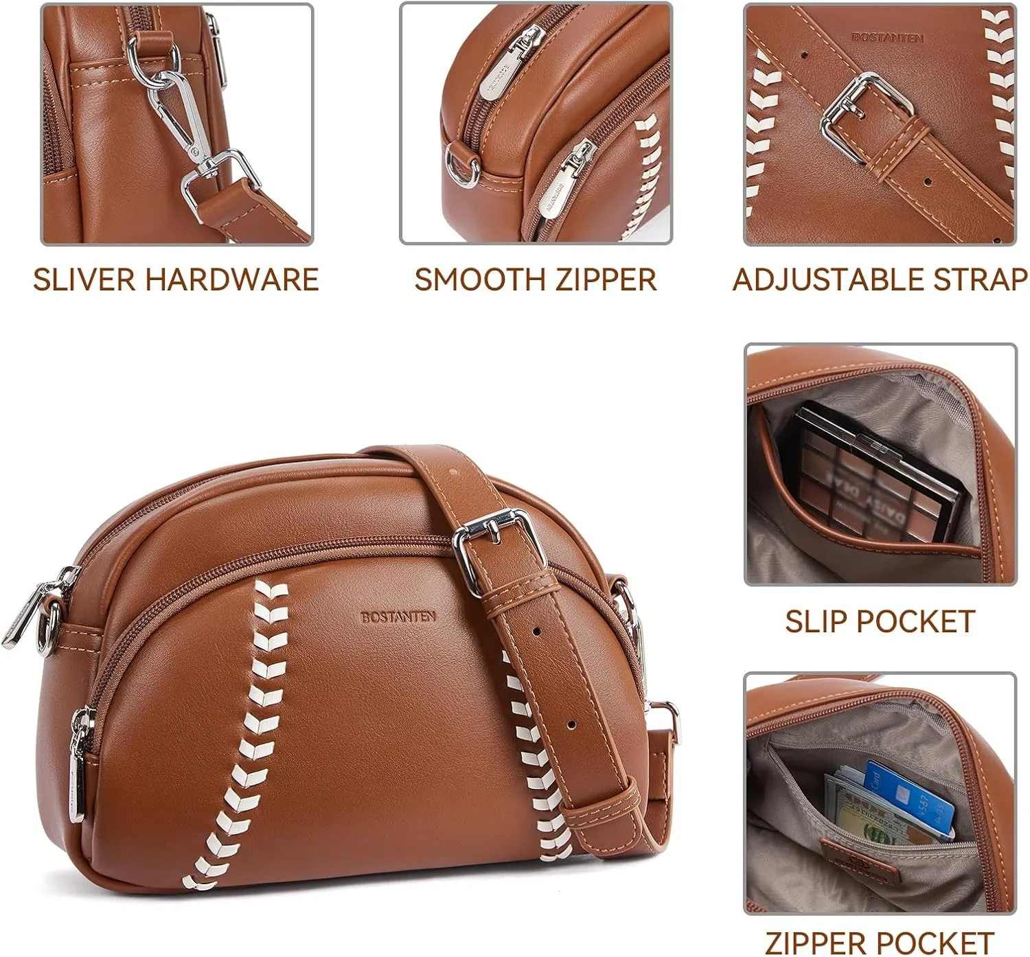 BOSTANTEN Baseball Crossbody Purses for Sport Mom Small Shoulder Bag Vegan Leather Women Handbags for Events