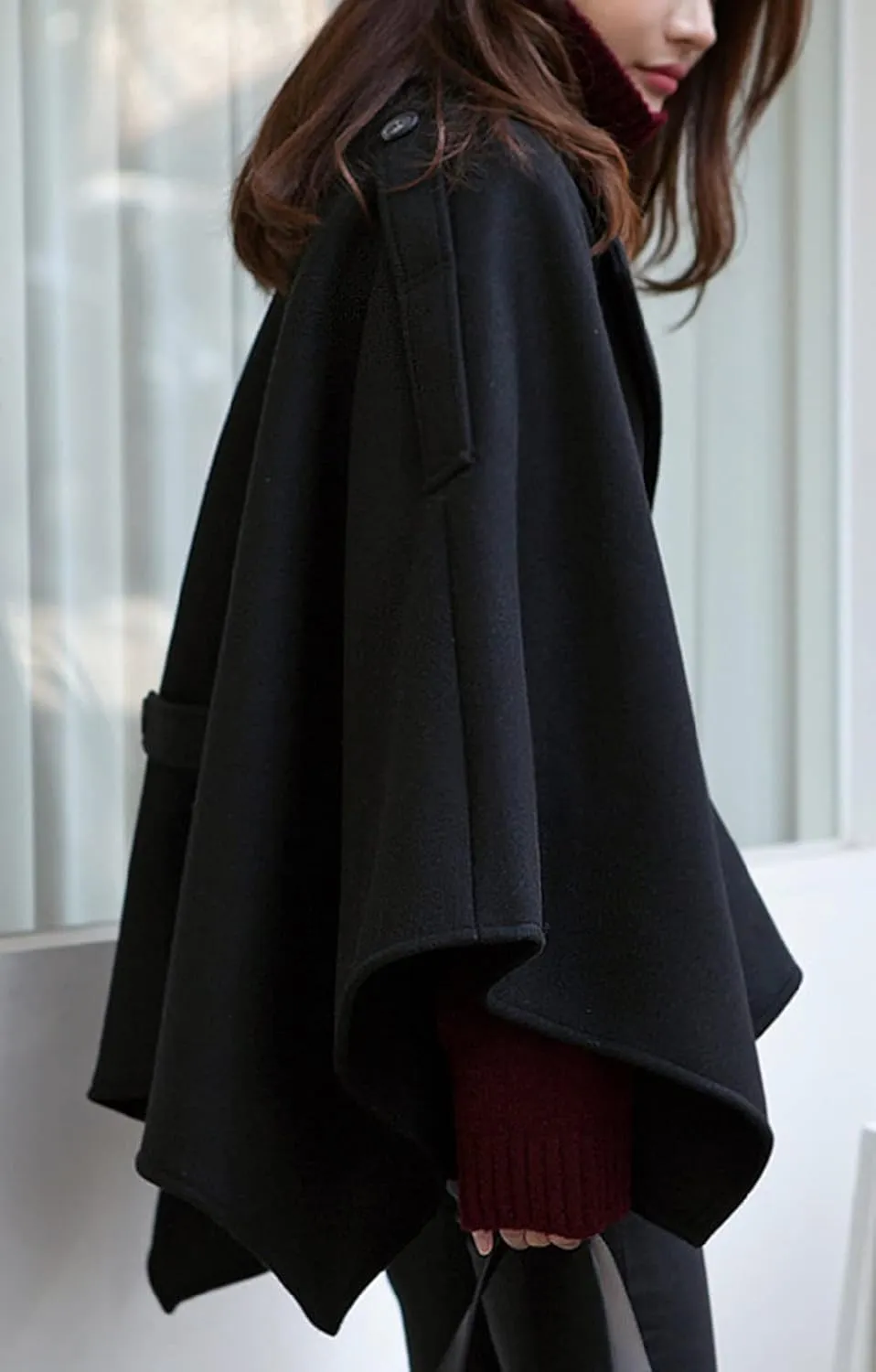 CHARTOU Women's Elegant Lapel Collar Wool Blend Bow-Tie Poncho Cape Jacket with Belt