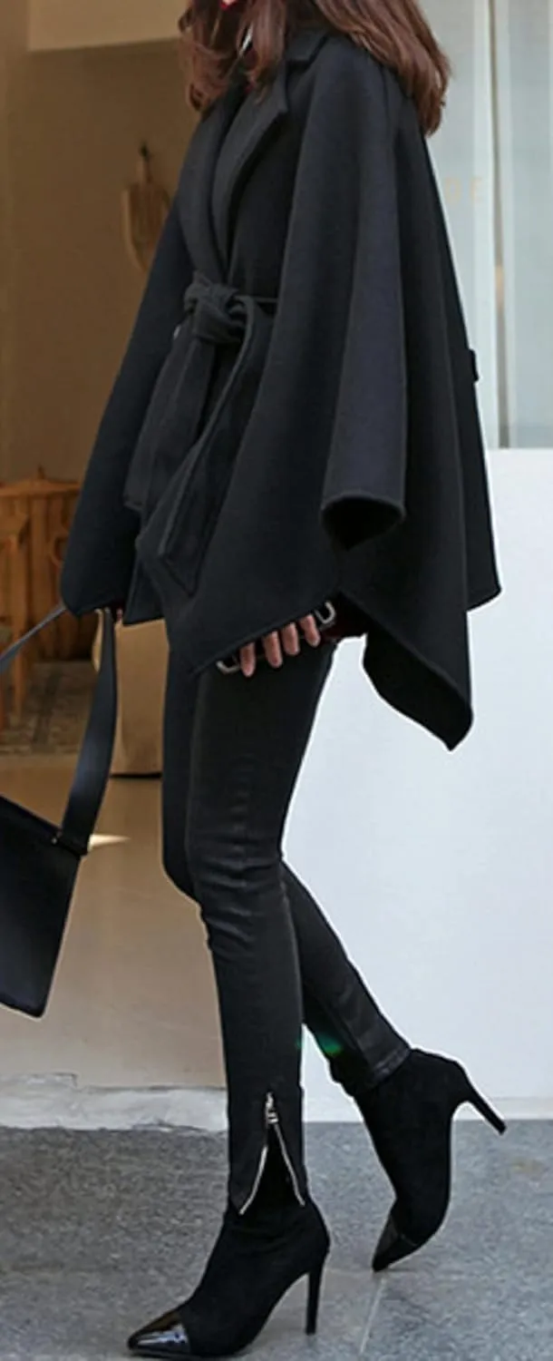 CHARTOU Women's Elegant Lapel Collar Wool Blend Bow-Tie Poncho Cape Jacket with Belt