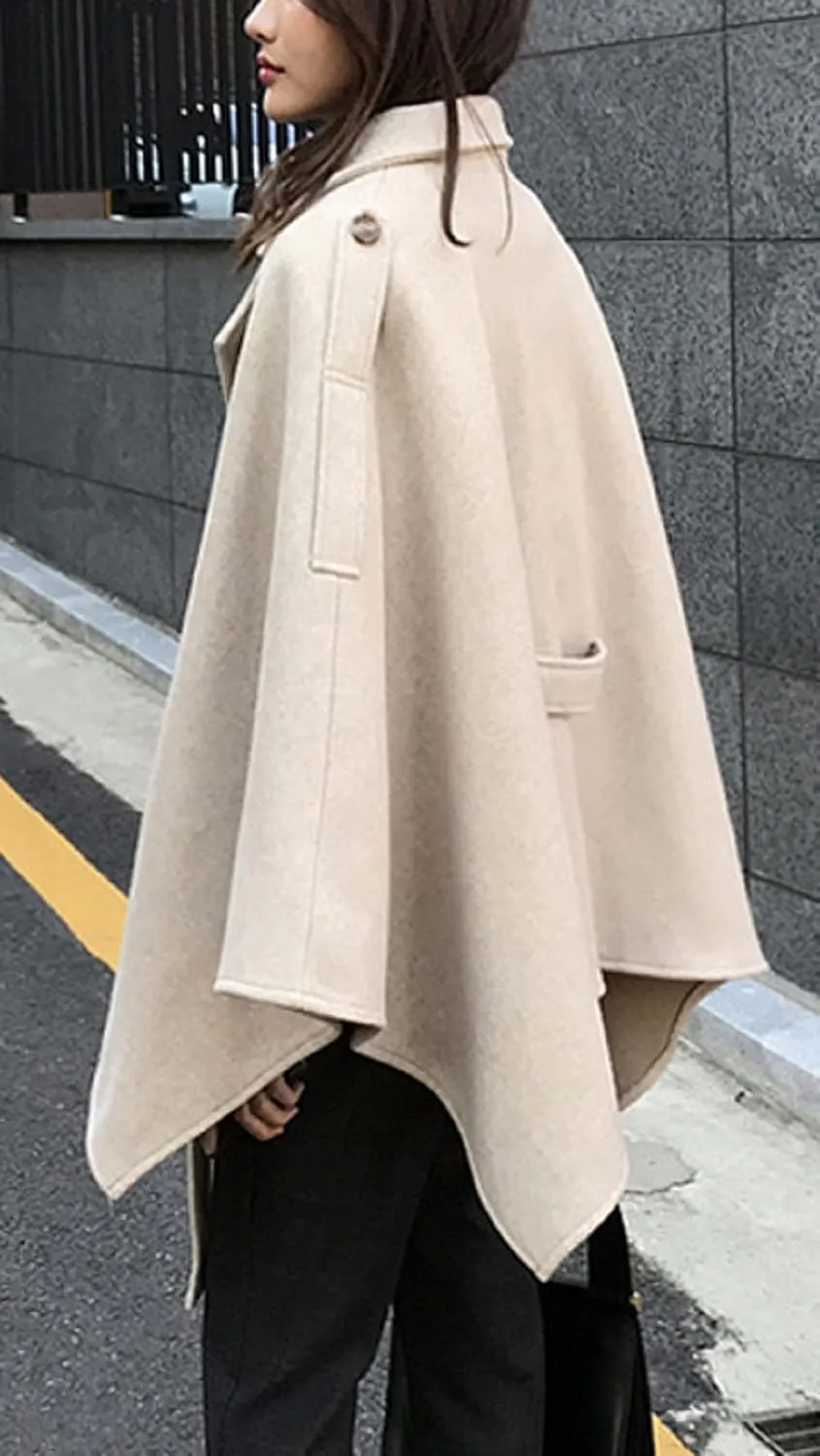CHARTOU Women's Elegant Lapel Collar Wool Blend Bow-Tie Poncho Cape Jacket with Belt
