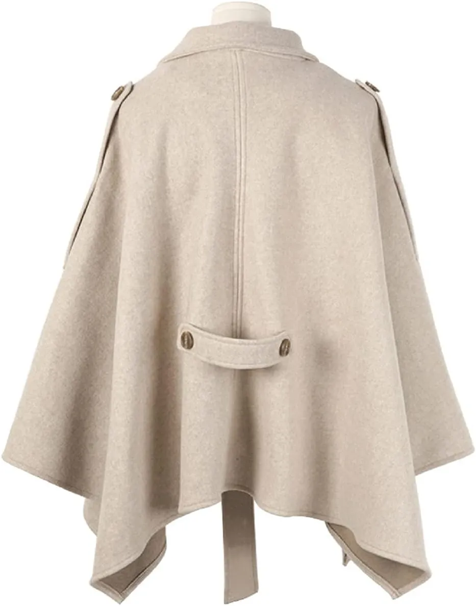 CHARTOU Women's Elegant Lapel Collar Wool Blend Bow-Tie Poncho Cape Jacket with Belt