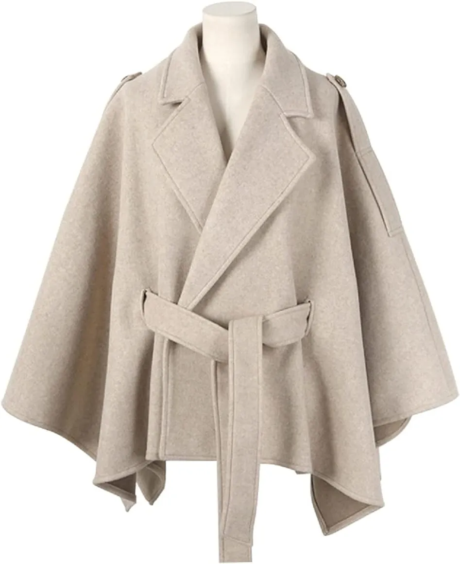 CHARTOU Women's Elegant Lapel Collar Wool Blend Bow-Tie Poncho Cape Jacket with Belt