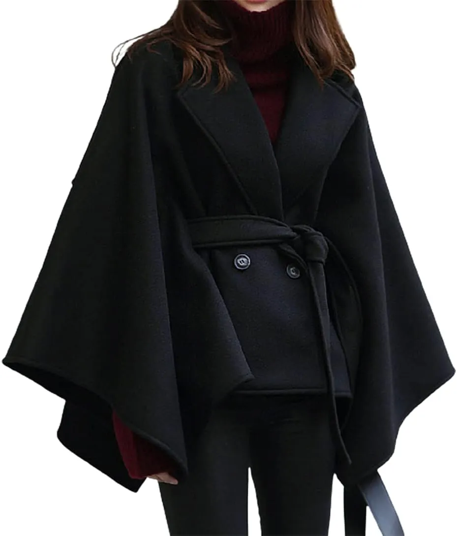 CHARTOU Women's Elegant Lapel Collar Wool Blend Bow-Tie Poncho Cape Jacket with Belt