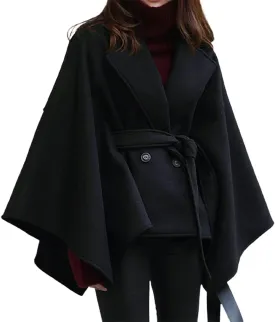 CHARTOU Women's Elegant Lapel Collar Wool Blend Bow-Tie Poncho Cape Jacket with Belt