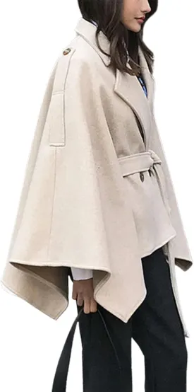 CHARTOU Women's Elegant Lapel Collar Wool Blend Bow-Tie Poncho Cape Jacket with Belt