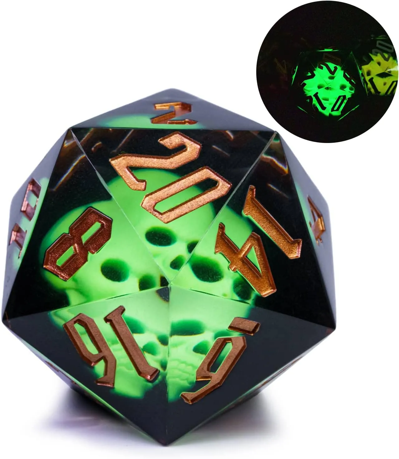 Cusdie Large 55mm D20 Dice with Sharp Edges, Giant D&D 20 Sided Dice for Dungeons and Dragons RPG, Table Games (Green Skull)