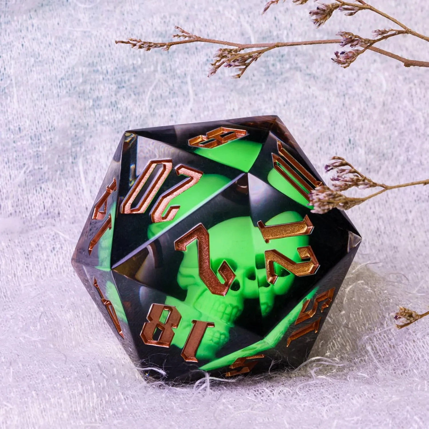 Cusdie Large 55mm D20 Dice with Sharp Edges, Giant D&D 20 Sided Dice for Dungeons and Dragons RPG, Table Games (Green Skull)