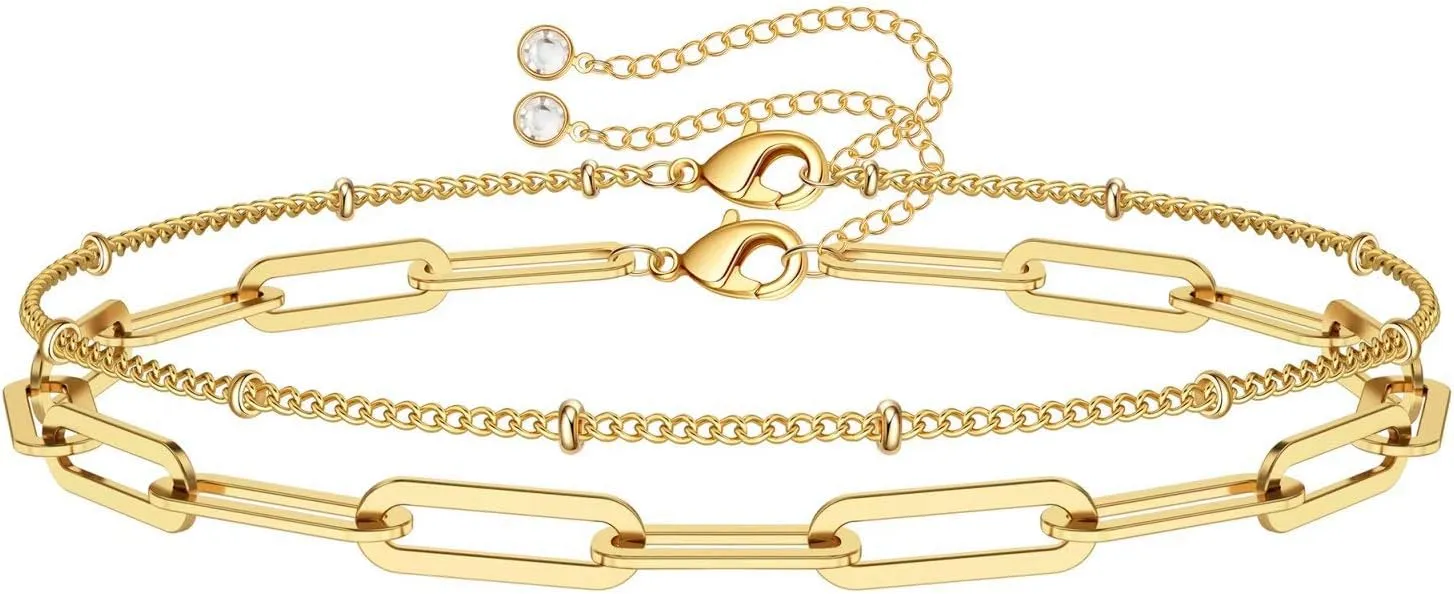 Dainty Gold Bracelets for Women, 14K Gold Plated Adjustable Layered Bracelet Cute Evil Eye Oval Chain Pearl Bar Turtle Gold Bracelets for Women Jewelry