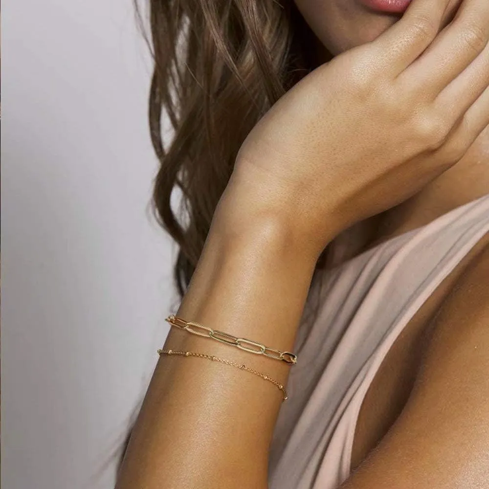 Dainty Gold Bracelets for Women, 14K Gold Plated Adjustable Layered Bracelet Cute Evil Eye Oval Chain Pearl Bar Turtle Gold Bracelets for Women Jewelry