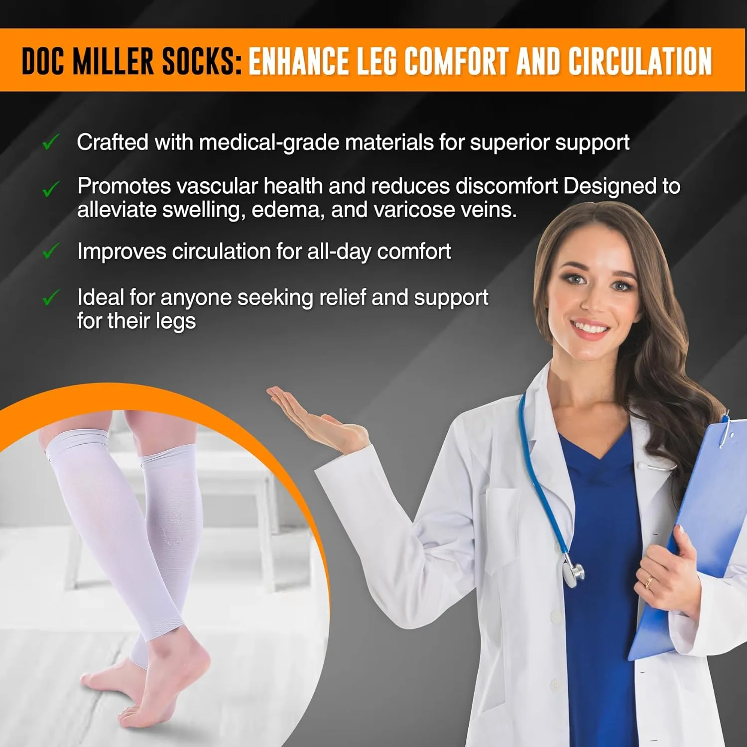 Doc Miller Compression Calf Sleeve for Men & Women, Premium Medical Grade, 15-20mmHg Graduated Support for Running, Calf Tear, Shin Splints, Knee High, Calf Sleeves, 1 Pair