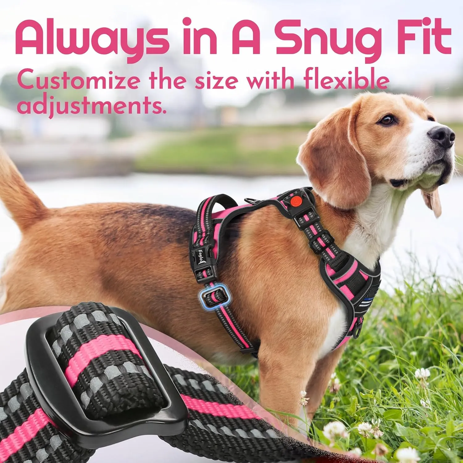 Eagloo Dog Harness for Large Dogs, Easy Wearing with 3 Buckles, Adjustable No Pull Pet Harness with 2 Rings for Walking, No Chock Reflective Soft Padded Vest with Control Handle, Pink & Black, L