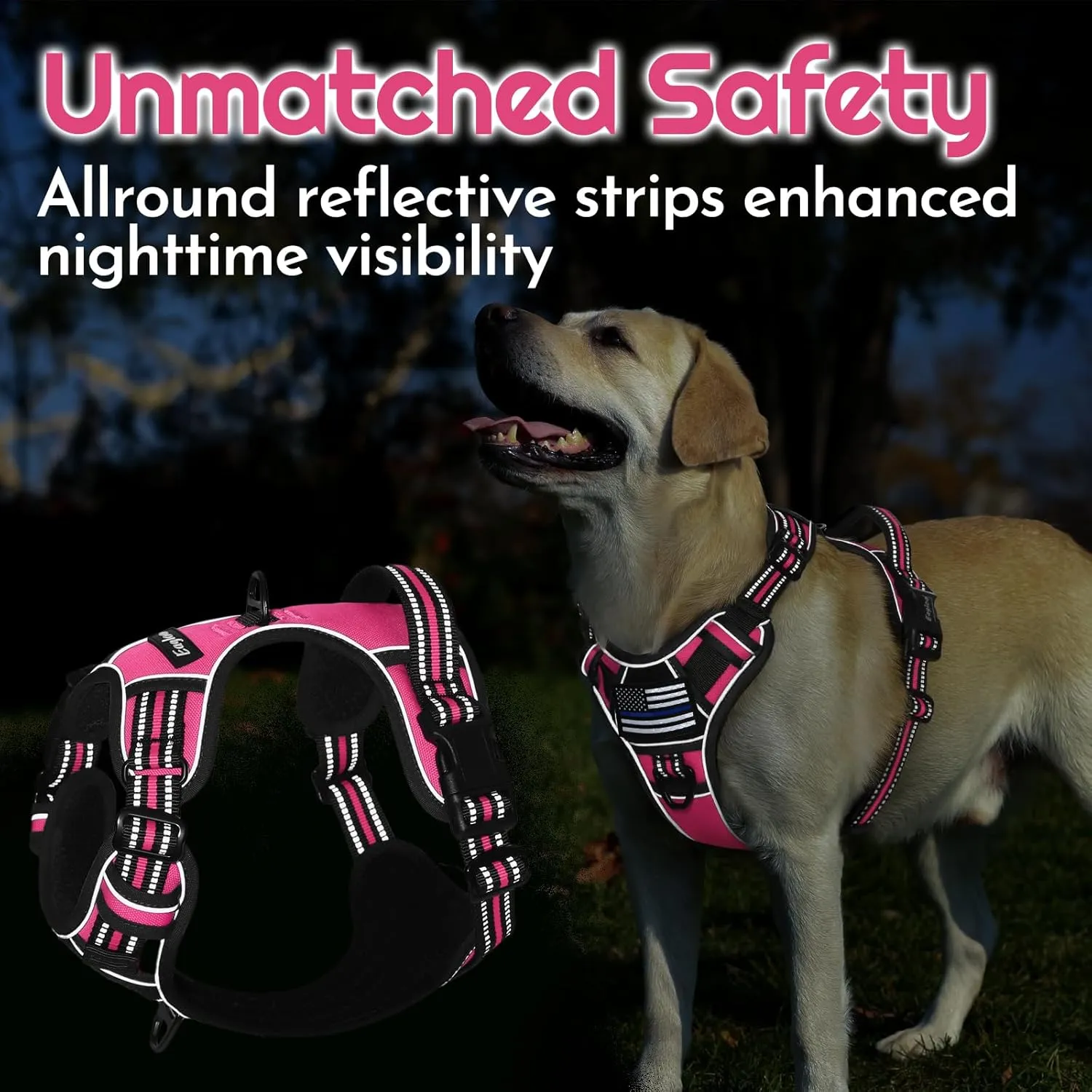 Eagloo Dog Harness for Large Dogs, Easy Wearing with 3 Buckles, Adjustable No Pull Pet Harness with 2 Rings for Walking, No Chock Reflective Soft Padded Vest with Control Handle, Pink & Black, L