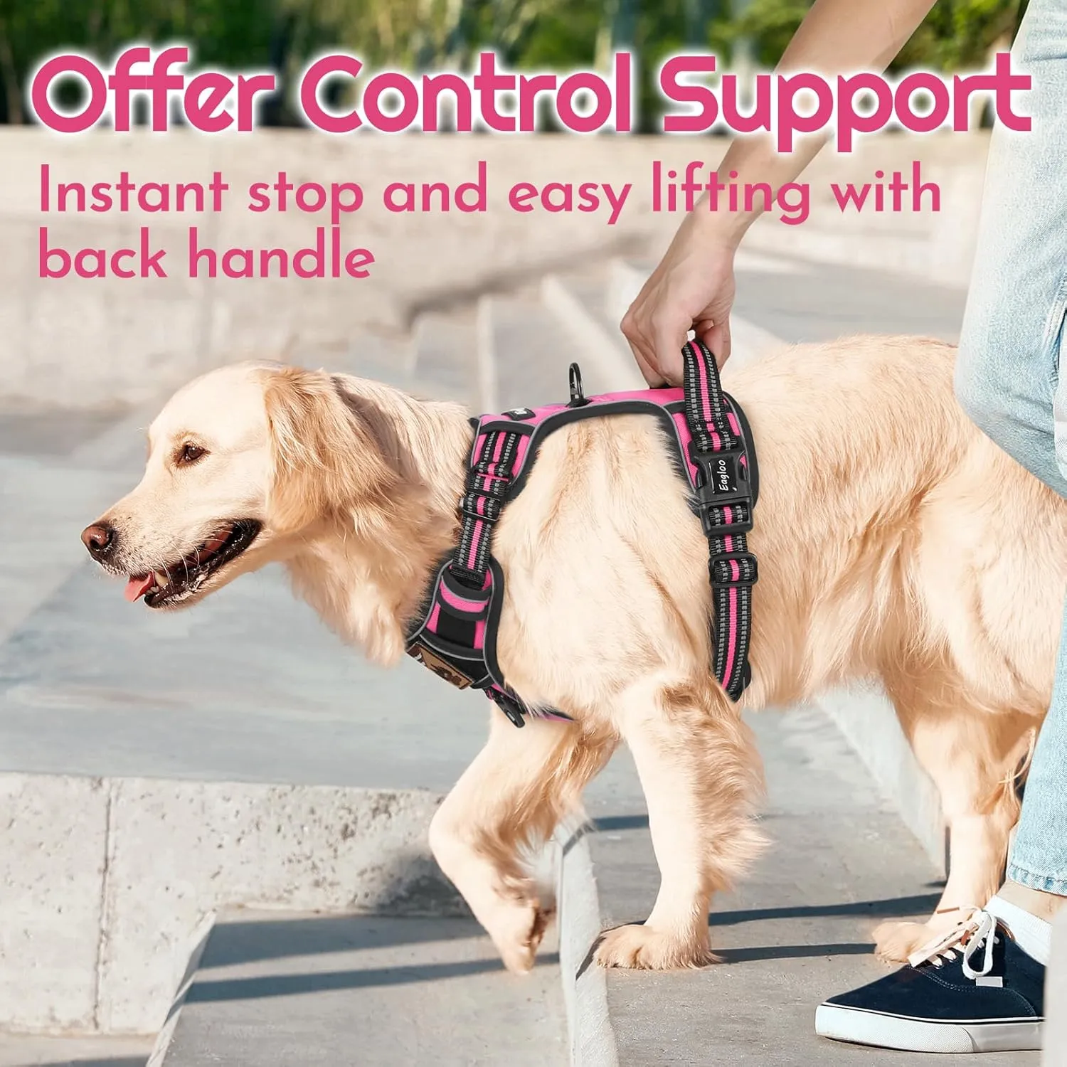 Eagloo Dog Harness for Large Dogs, Easy Wearing with 3 Buckles, Adjustable No Pull Pet Harness with 2 Rings for Walking, No Chock Reflective Soft Padded Vest with Control Handle, Pink & Black, L