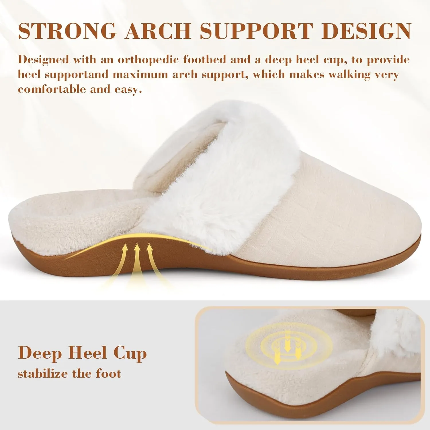 ERGOfoot Womens Orthopedic Fuzzy Slippers with Arch Support - Ideal for Plantar Fasciitis, Slip-On Bedroom House Shoes with Indoor/Outdoor Anti-Skid Rubber Sole