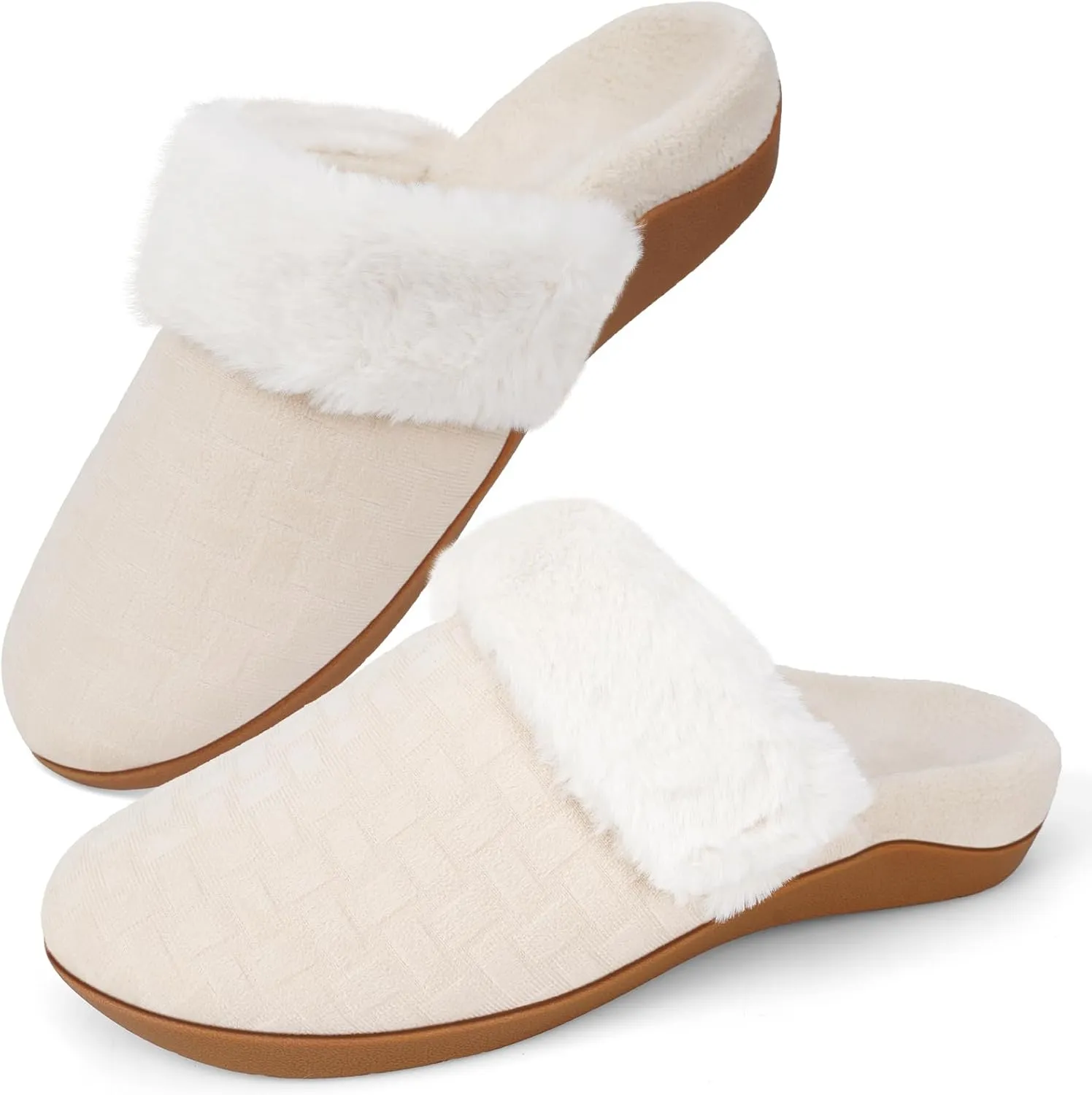 ERGOfoot Womens Orthopedic Fuzzy Slippers with Arch Support - Ideal for Plantar Fasciitis, Slip-On Bedroom House Shoes with Indoor/Outdoor Anti-Skid Rubber Sole